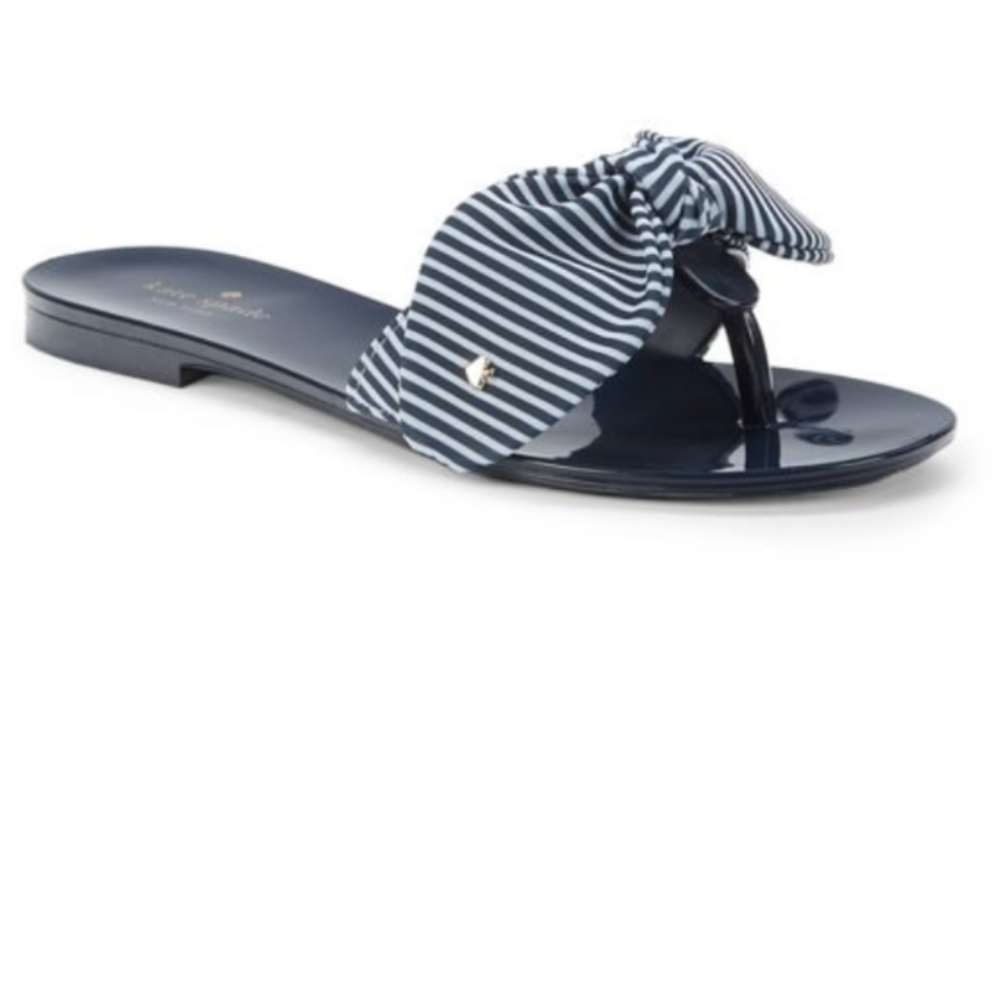 KATE SPADE Navy Blue Jelly Flip Flop Sandals Striped Fabric Bow Size 8 - Picture 4 of 15